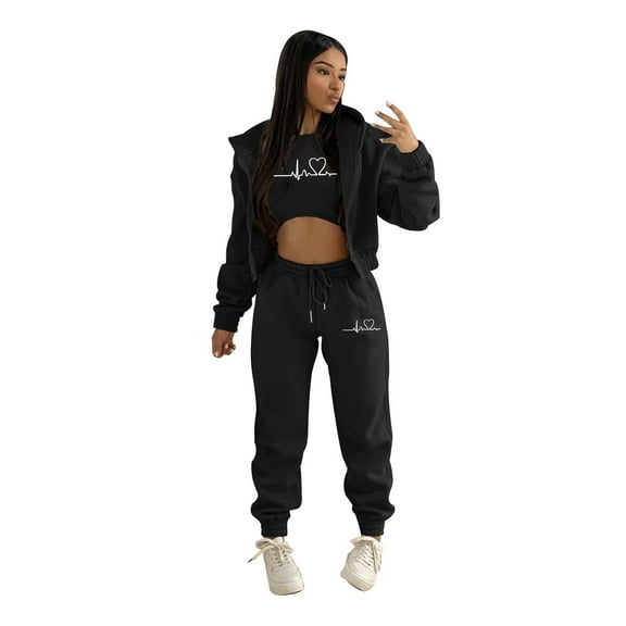 BLOCLOALO 3 Piece Lounge Set Long Sleeve Pullover Hoodie Sweatshirts Casual Autumn Winter Top Set Fashion Solid Color Zipper Hooded Pants Zip Up Hoodie Plus Size Workout Sets Fall Lounge Sets Black L