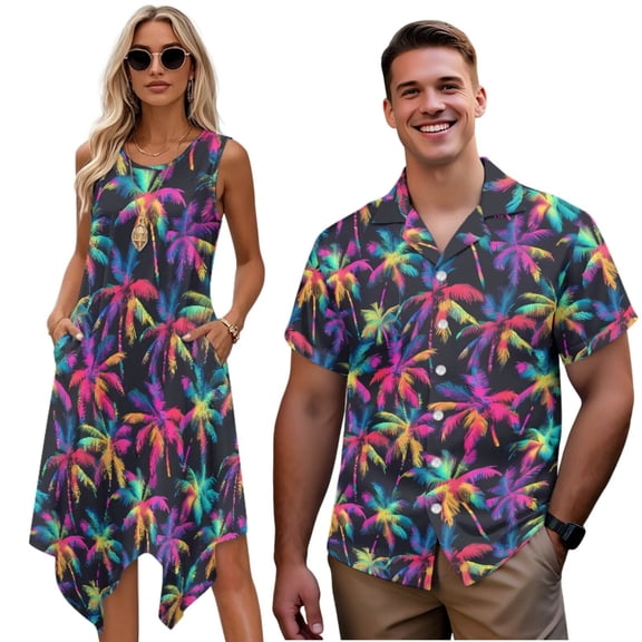 Uorisanigo Palm Tree Matching Couple Outfits Men's Button Up Shirt Size L Comfort Summer Beach Tops Large Tall Shirts and Womens Sleeveless Tank Hawaiian Dress with Pocket