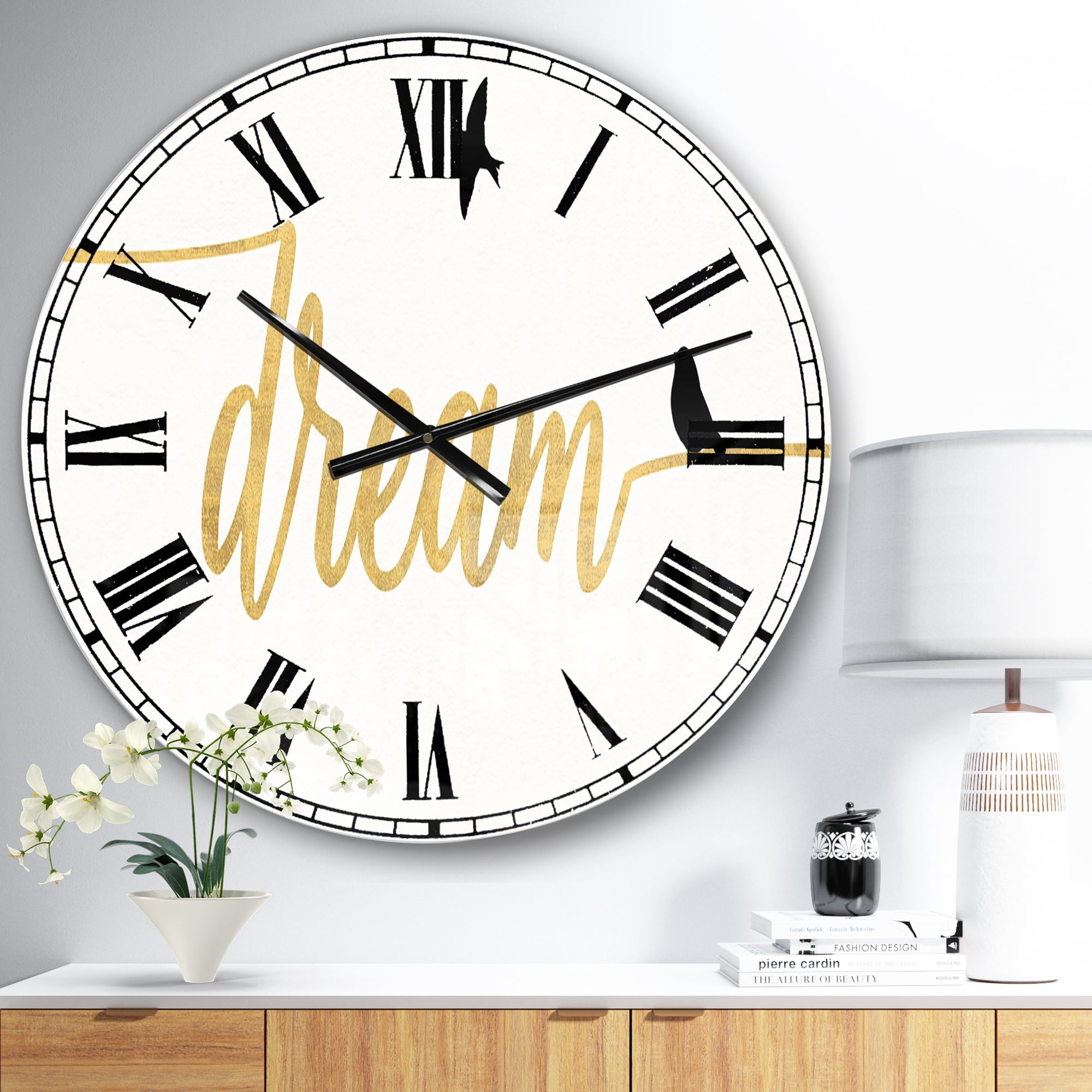 Designart 'Family of Birds on Gold Words II' Traditional wall clock