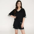 thumbnail image 2 of Women's Knit Lounge Set with V-Neck Top and Drawstring Shorts Featuring Contrast Trim - Black, Medium, 2 of 7