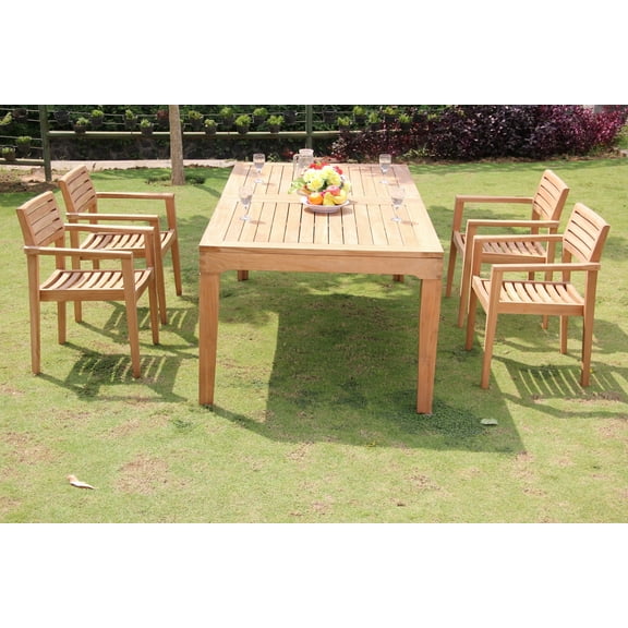 Teak Dining Set: 4 Seater 5 Pc: Large Caranasas 122" Double Extensions Premium Rectangle Dining Table & 4 Montana Stacking Arm/Captain Chairs Outdoor Patio Grade-A Teak Wood WholesaleTeak #WMDSMT11