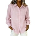 thumbnail image 3 of YanHoo Women Cotton Linen Button Down Shirts Striped Long Sleeve Blouses V Neck Collared Ladies Summer Casual Office Work Tops Pink,XXL, 3 of 8