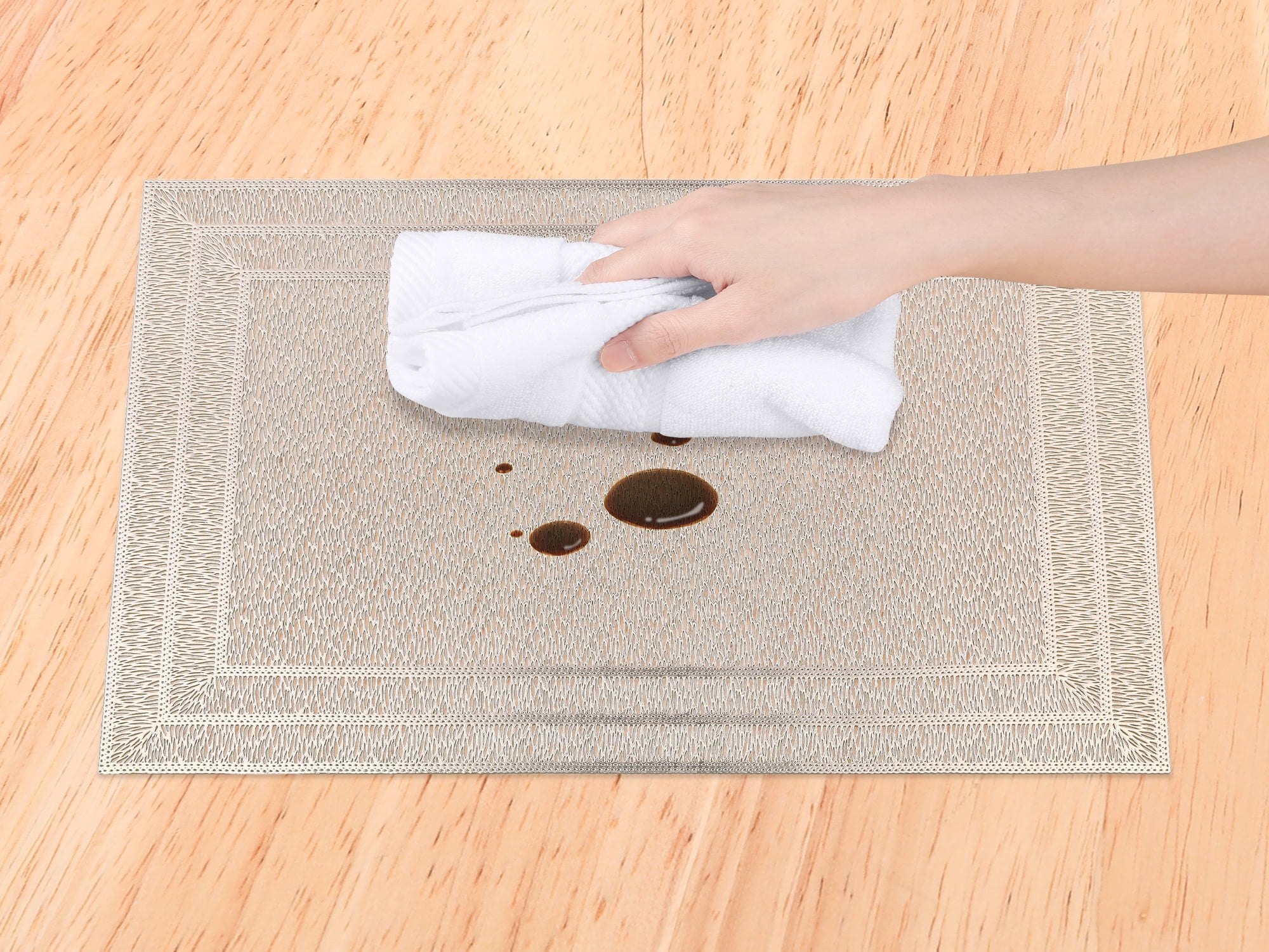 Unique Bargains Washable Placemats Set of 6 Trimmed Placemats for Dining Table Gold