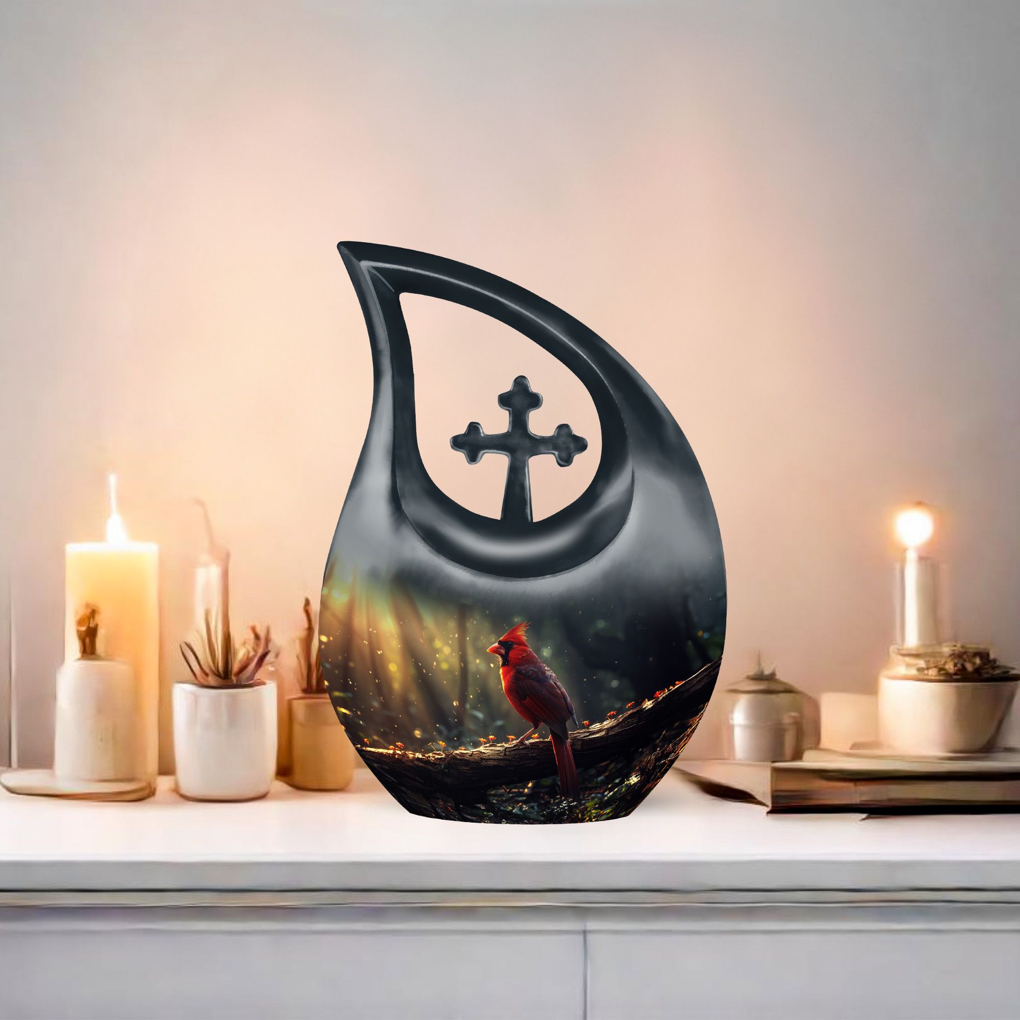 MUKTIVE Cardinal Burial Urns for Adult Male, Combo Sets Black Cremation Urns for Human Ashes Adult Female, Decorative Bird Urn, Funeral Urn for Human Ashes, (1 Large 10 ", 4 Keepsake 3 ")