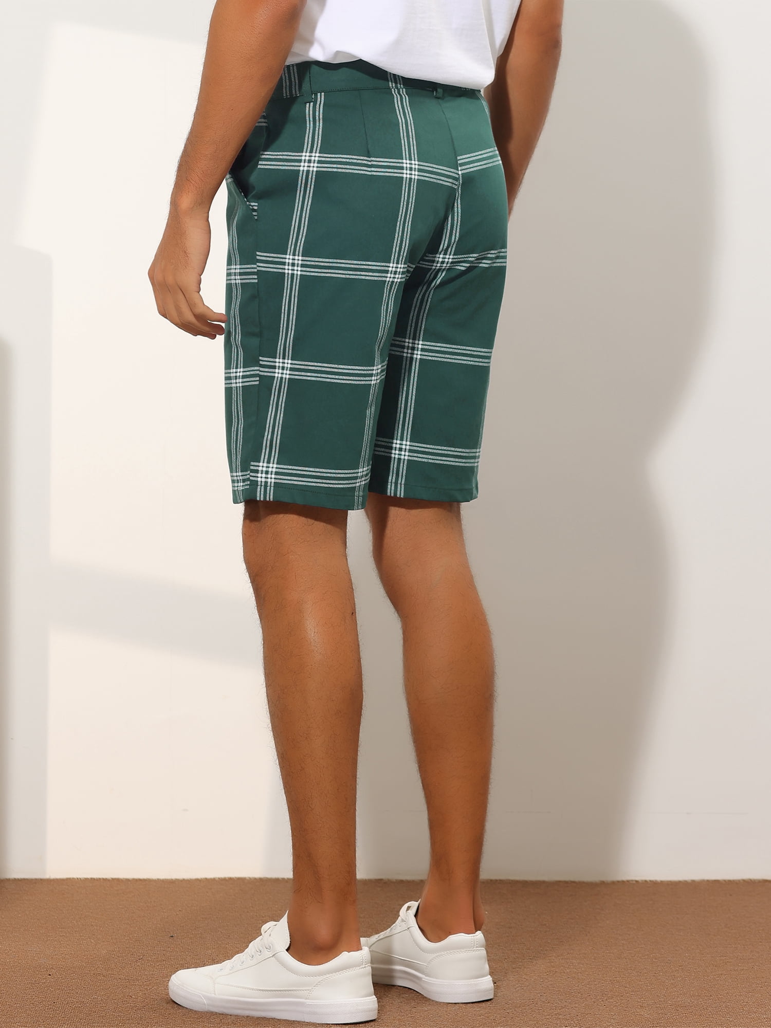 Unique Bargains Men's Plaid Short Regular Fit Flat Front Formal Summer Chino Shorts 28 Green