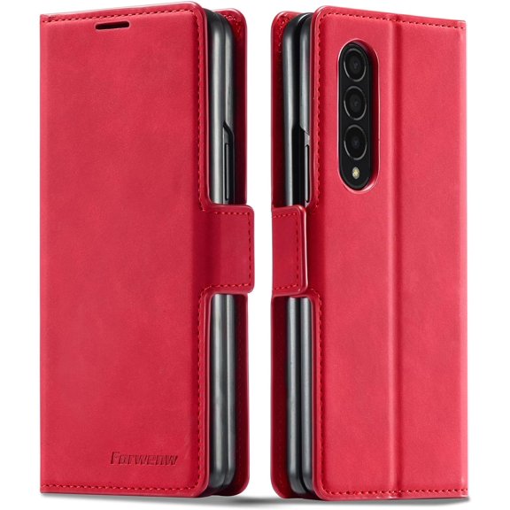 Premium PU Leather Flip Folio Case for Samsung Galaxy Z Fold 4, Protective Case with Kickstand Card Slot Holder Hidden Closure Shockproof Durable Wallet Cover - Red