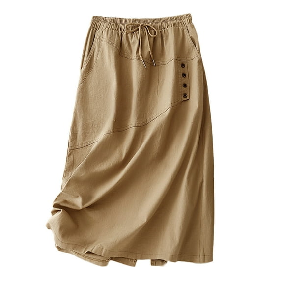 Kaemgyyd Womens Cotton Linen Skirts Casual Loose a Line Drawstring Skirt with Pockets Elastic Waist Button Slit Skirt
