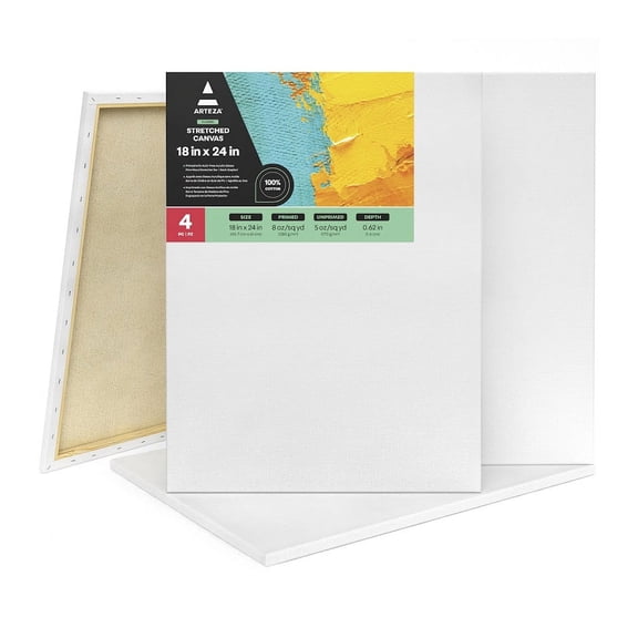 Arteza Stretched Canvas Pack, 18" x 24", Large Blank Canvas Boards for Painting, 4 Pack