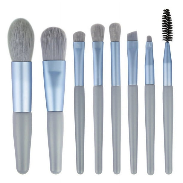 Nvzi Juego de brochas de maquillaje en miniatura, 8 piezas, kit de brochas de maquillaje para viajes, brochas cosméticas para rostro, base, rubor, sombra de ojos (azul)