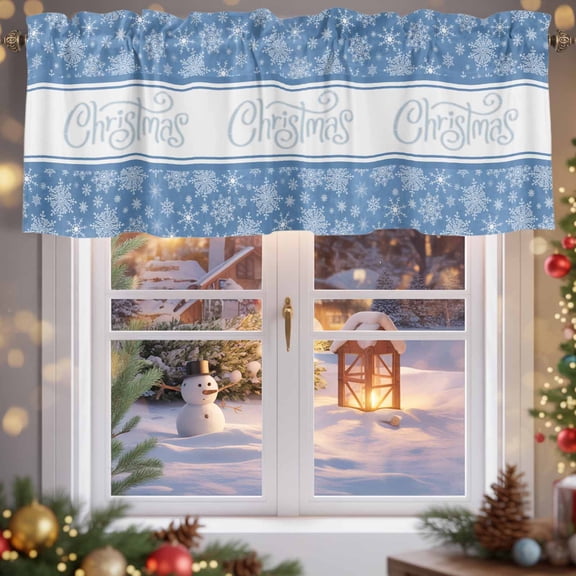 Kitchen Valances for Window, Christmas Snowflakes on Blue Light Filtering Rod Pocket Valance Curtain, Winter White Snow Seamless Short Curtains Window Topper for Bedroom 42x12in