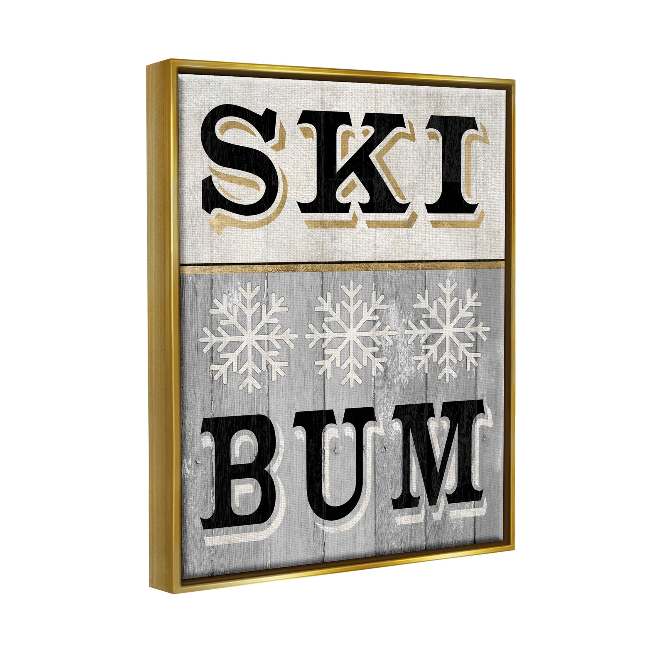 Stupell Industries Ski Bum Snowflake Sign Graphic Art Metallic Gold Floating Framed Canvas Print Wall Art, Design by Livi Finn
