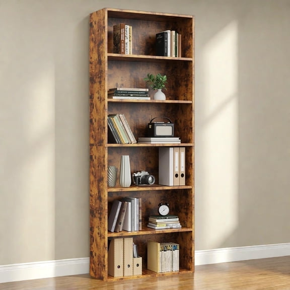 64 Inch 6-Tier Wood Bookshelf, Vintage Tall Floor Standing Bookcase with Open Storage Shelves