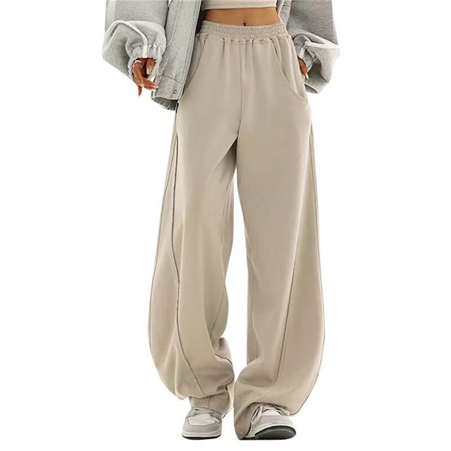 Pantalones de chándal de cintura alta para mujer, Pantalón recto, holgado, con bolsillo y cintura elástica, informal, de pierna ancha