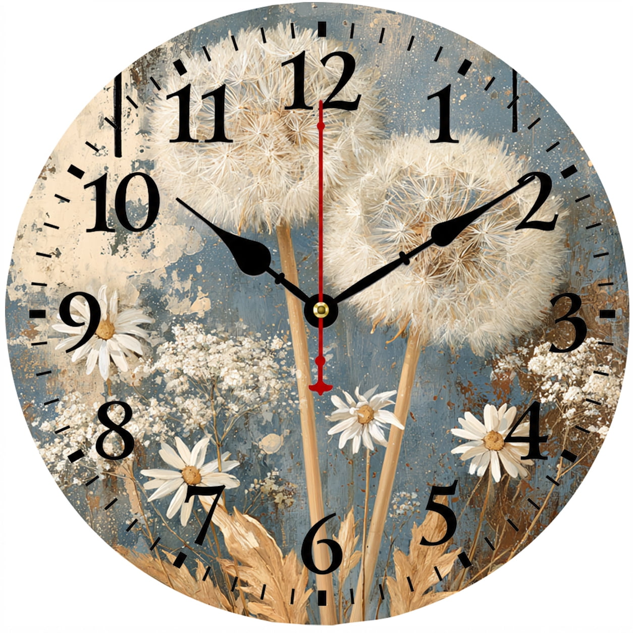 9.84 Inch Dandelion Wall Clock, Farmhouse Floral Decorative Analog Clock, Battery Operated, Easy to Read for Living Room Bedroom Kitchen