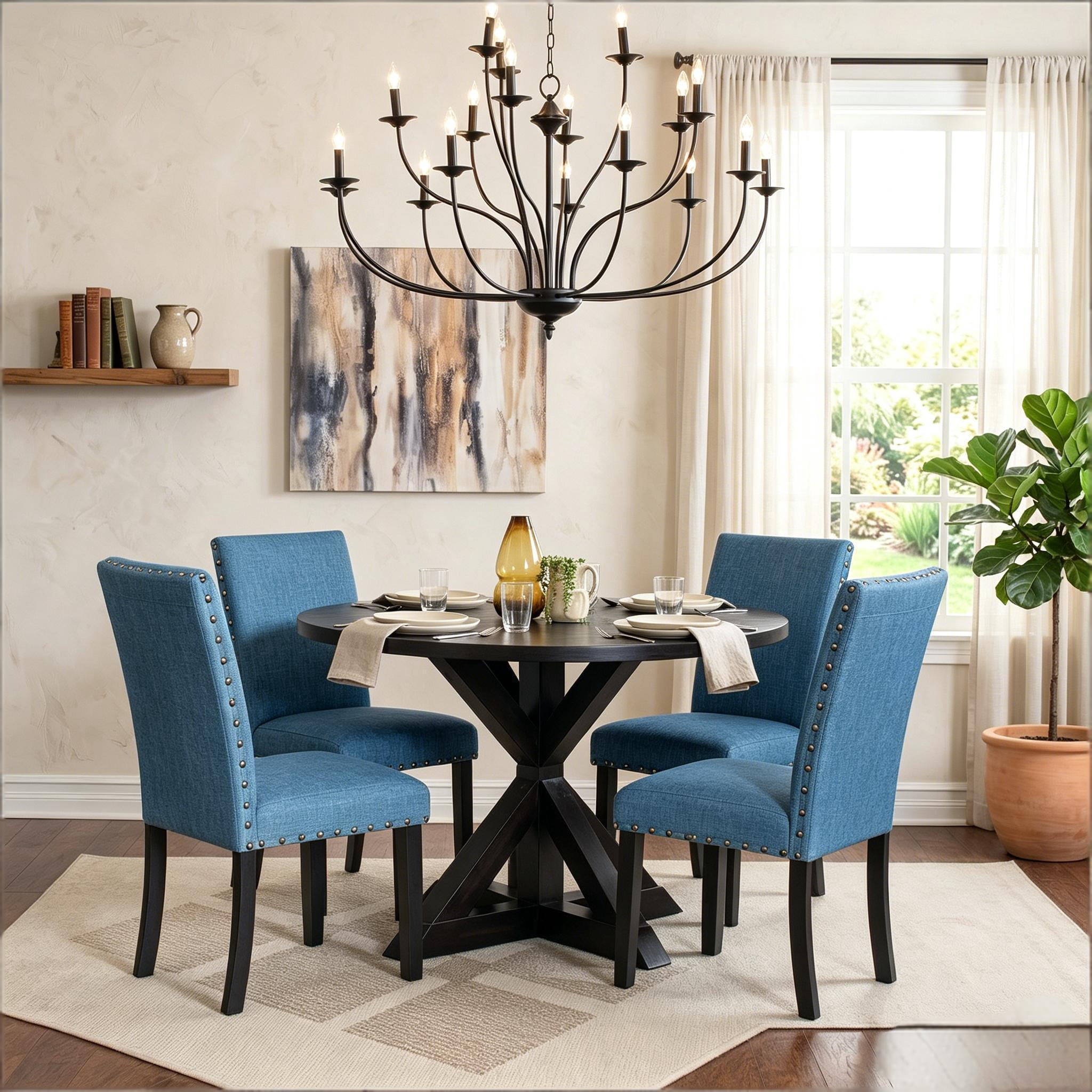 Howcool 5-Piece Round Cross-Buck Dining Table Set, Solid Rubberwood Base with 4 Velvet Upholstered Chic Chairs, Dark Black Finish for Kitchen & Dining Room