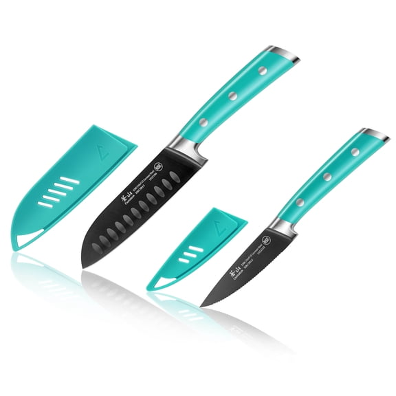 Cangshan S  Series 1022117 German Steel Forged 2-Piece Titanium Coated Santoku Starter Knife Set with Sheaths, French Teal