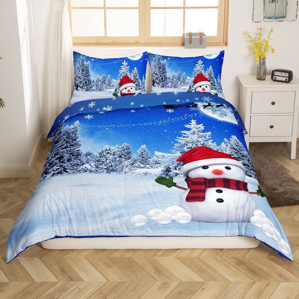 HHHC Christmas Duvet Cover Reindeer Snowman Snowflake Reversible Bedding Set for Kids Boys Girls Xmas Theme Winter Decor Comforter Cover Dreamy Blue Bedspread Cover Room 3Pcs Queen Size Zipper Walmart...