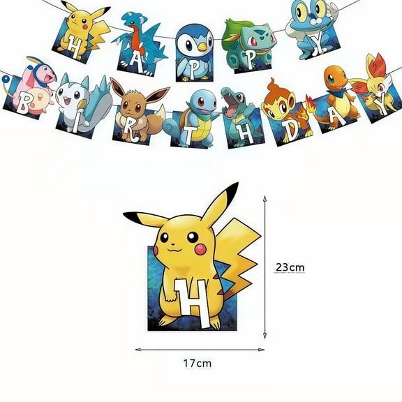 Pocket Monsters Pokemon Anime Cartoon Birthday Party Decorations Banner - Waterproof Laminated Hanging Pennants for Kids Room Theme Decoration Supplies