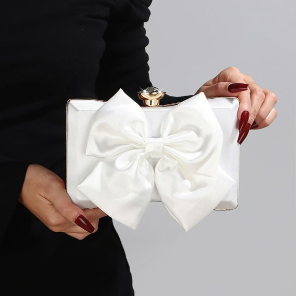 Jaucin Women's Cute Bow Satin Handbag Diamond Metal Buckle Evening Bag Square Party Handbag with Chain