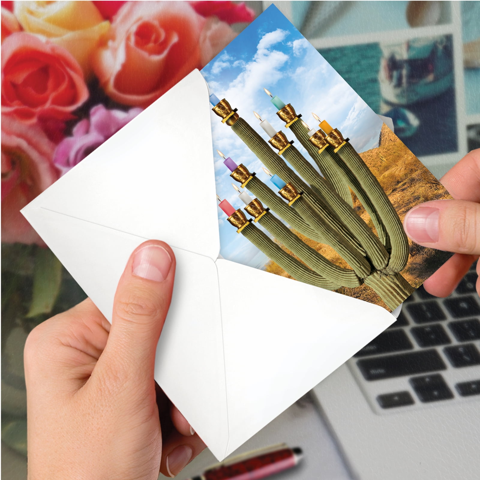 NobleWorks 12 Funny Chanukah Cards w/ 5x7 Envelopes, 1x12 Designs, For Men, Women, Jewish Holiday Cards - Prickly Menorah C3441HKG-B12x1