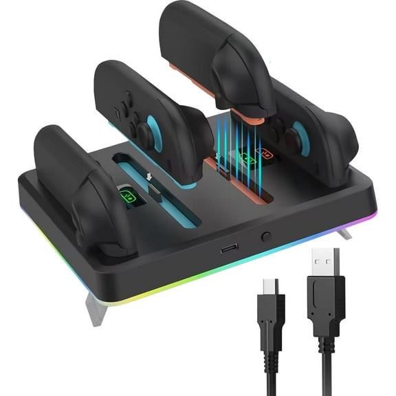 The enhanced controller charger is compatible with Nintendo Switch 2. The Joy-Pad charging dock with sound alarm and charging indicator light includes a USB C-type charging cable