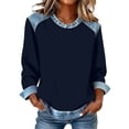 thumbnail image 2 of Women's Denim Trim Sweatshirt, Crewneck Pullover with Denim Accents, Long Sleeve Casual Loose Fit Top, Streetwear Fashion Crewneck Sweatshirt Navy XXL, 2 of 5