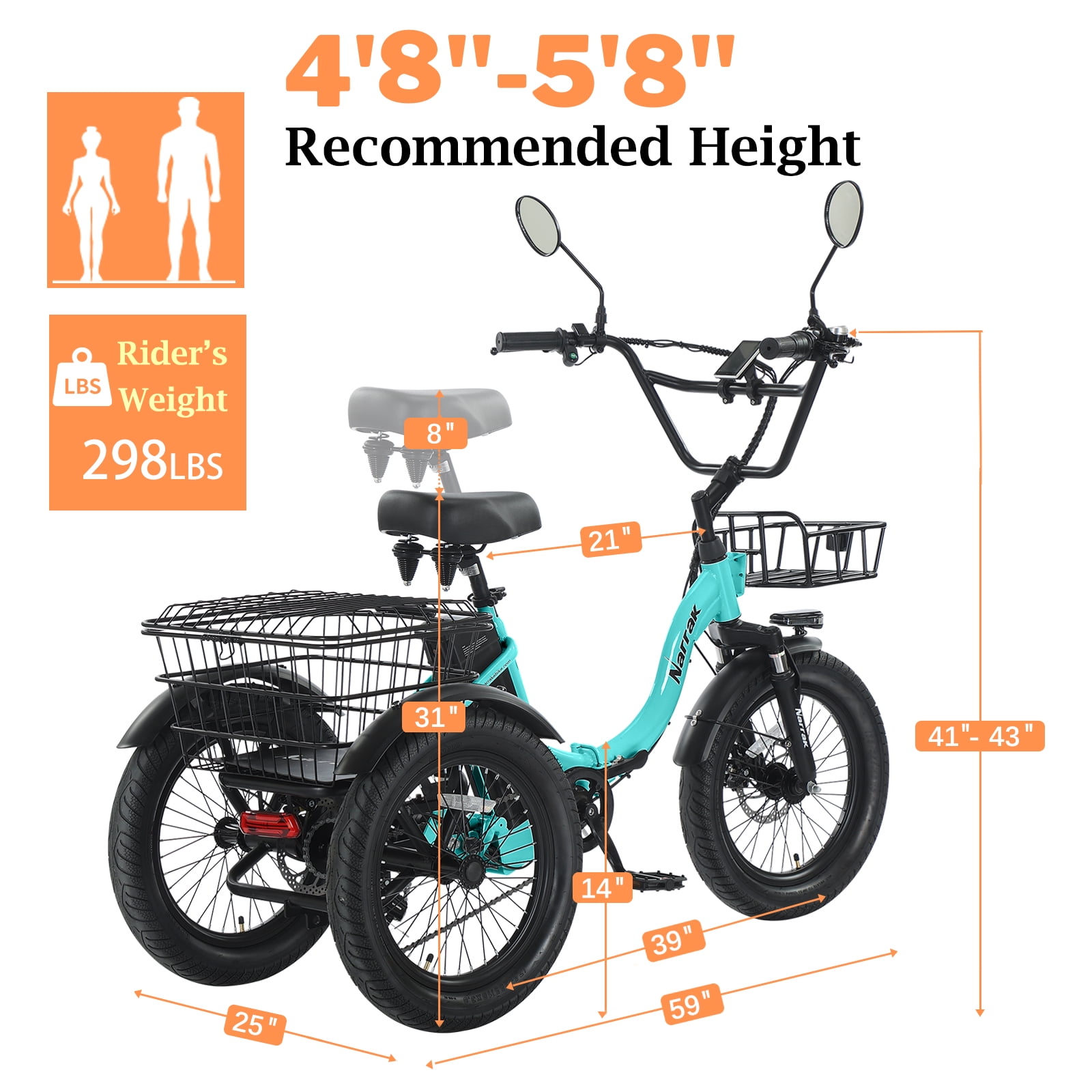 Electric Tricycle for Adults, Fat Tire Folding Trike, Peak 700W Step-Thru Etrike with Removable Battery and Large Basket