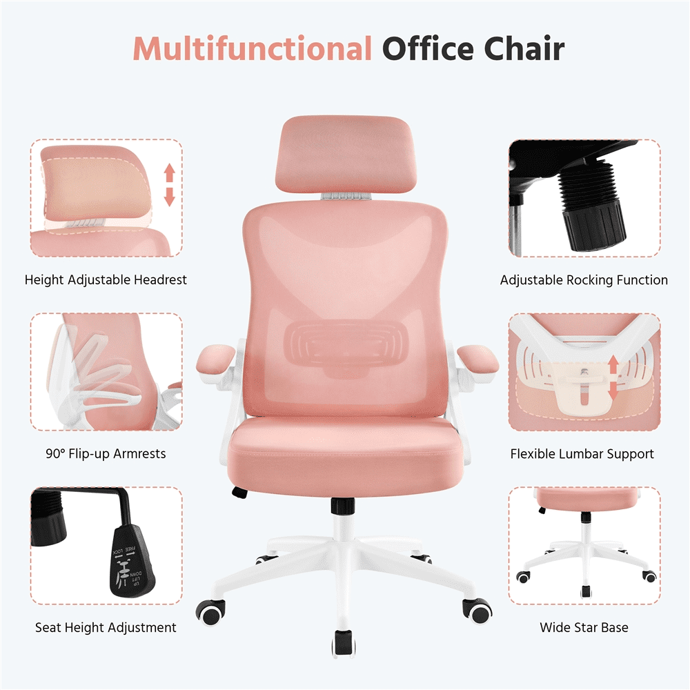 Alden Design Mesh Office Chair with Adjustable Padded Headrest Adult, White/Pink