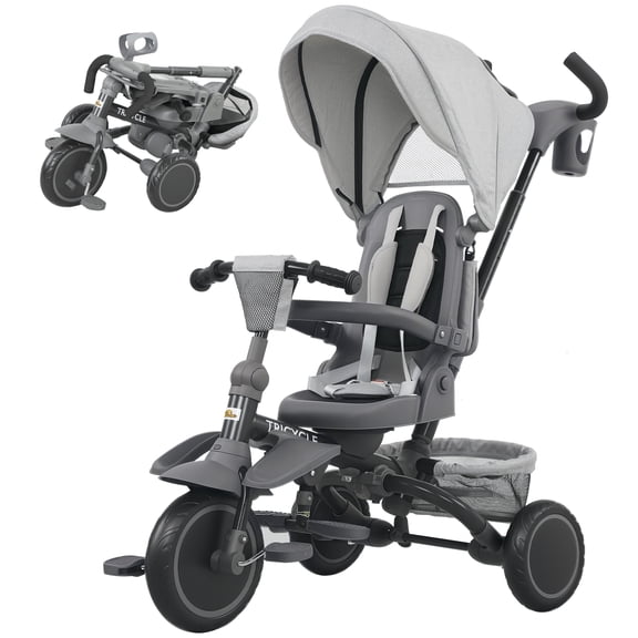 6-in-1 Tricycle with Adjustable Push Handle, Removable Canopy, Reversible Seat, Gray