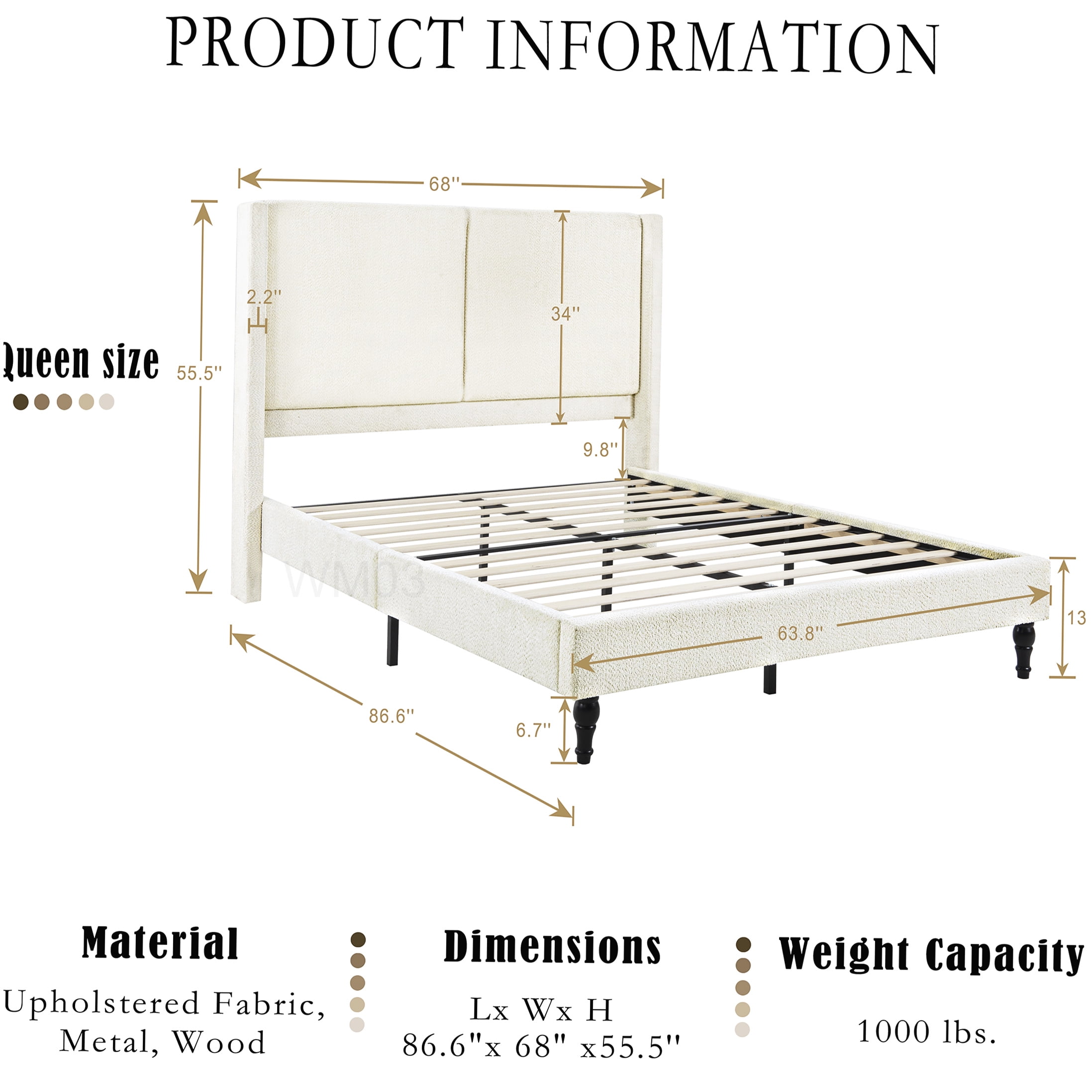 Modern Boucle Fabric Upholstered Bed Frame, Queen Size with High Headboard, No Box Spring Required