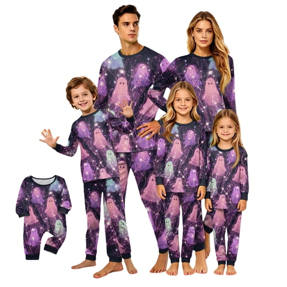 Halloween Pajamas, Pastel Tie Dye Matching Family Pajamas Pink Purple Ghost Print Long Sleeve Two Piece Pajama Set Soft Sleepwear Nightwear Loungewear Girly Casual Photos