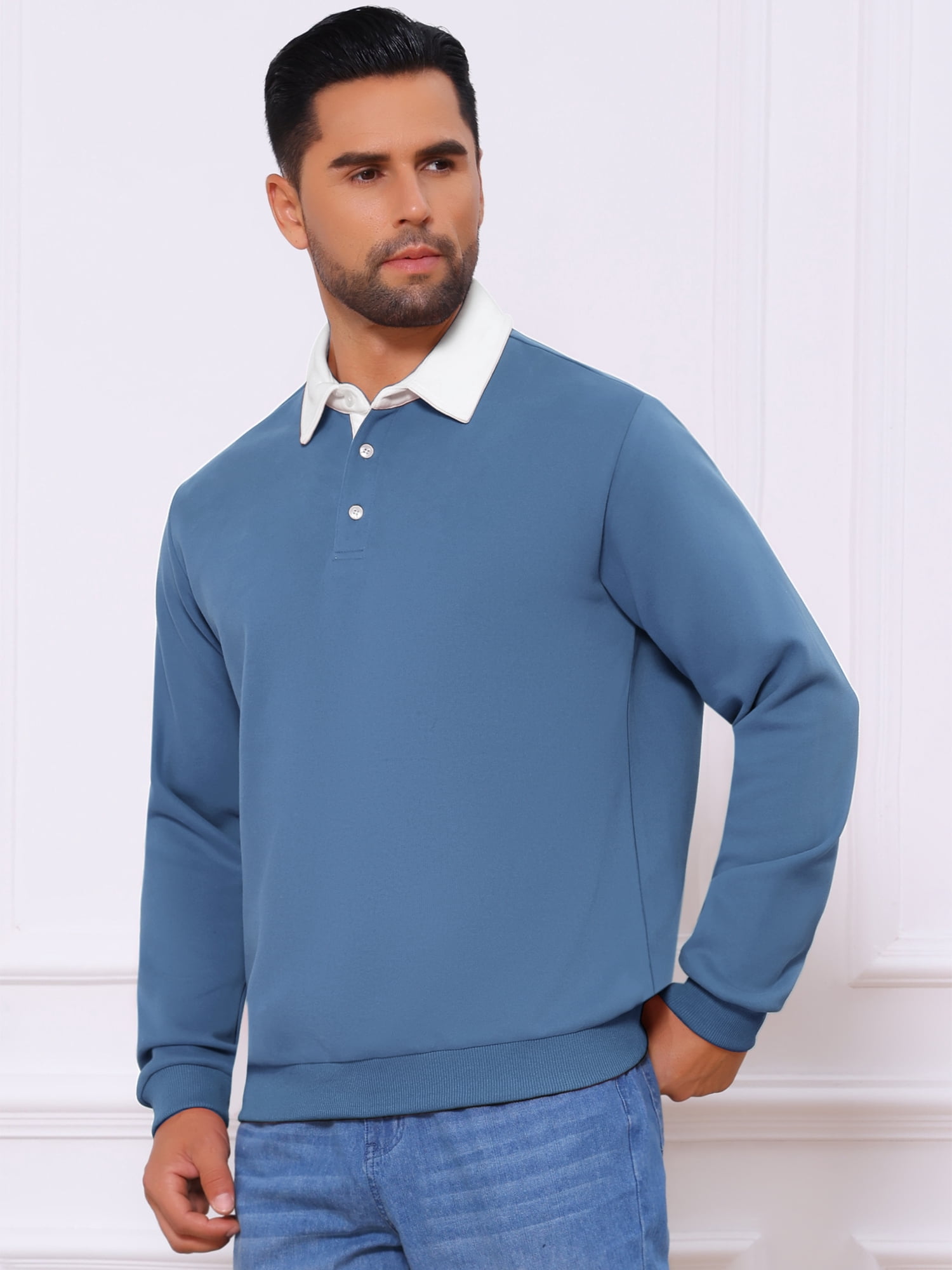 DARING DIVA Men's Contrast Collared Long Sleeves Pullover Polo Sweatshirt 2XL Blue