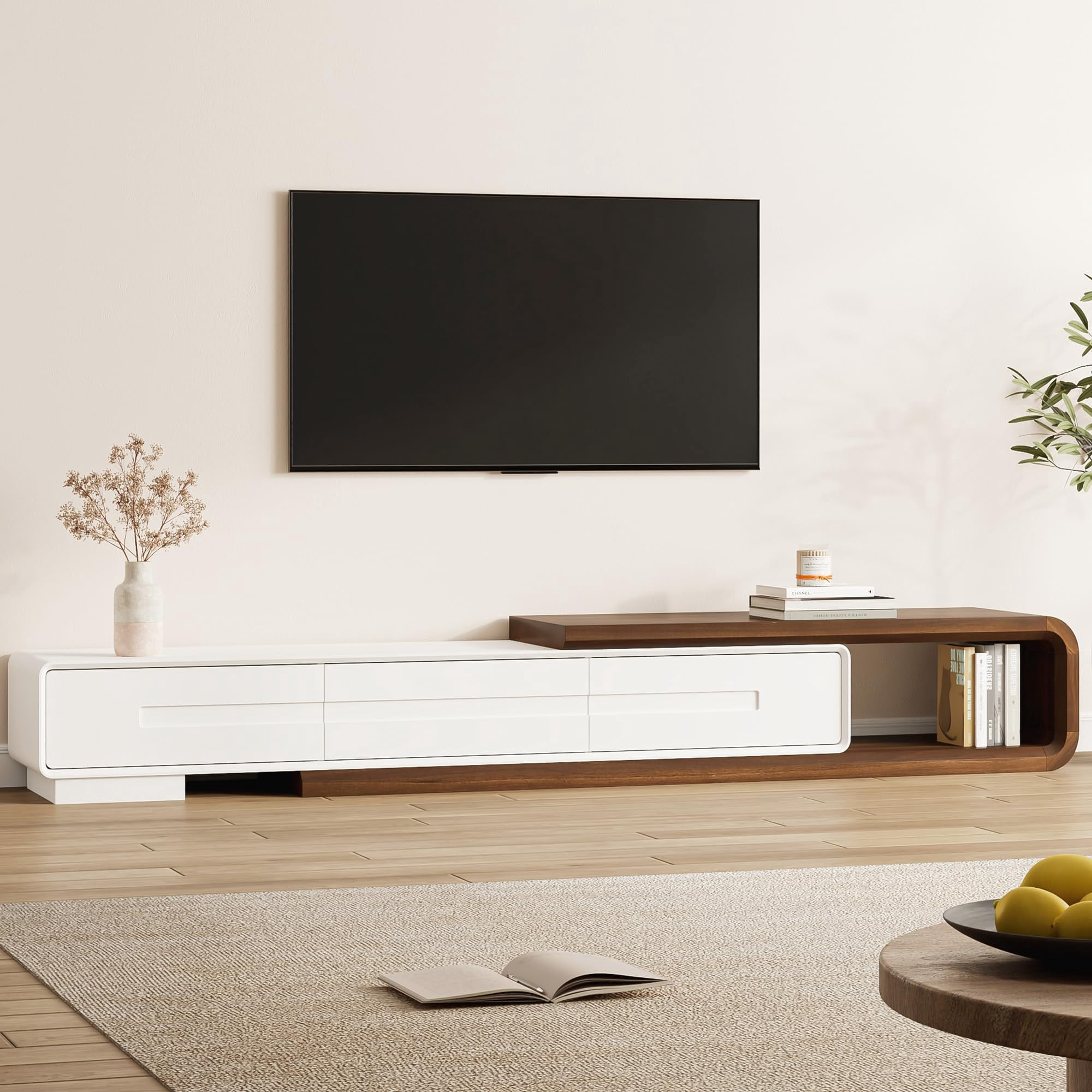 Blotout Extendable TV Stand for TVs up to 120", 81"-112" Large Wood Reversible Entertainment Center with 3 Drawers & Rounded Corners, Minimalist Extendable TV Media Console for Living Room, Bedroom