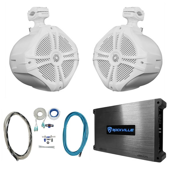 (2) Rockville RWB90W 8" White 600w Marine Wakeboard Tower Speakers Amplifier Kit