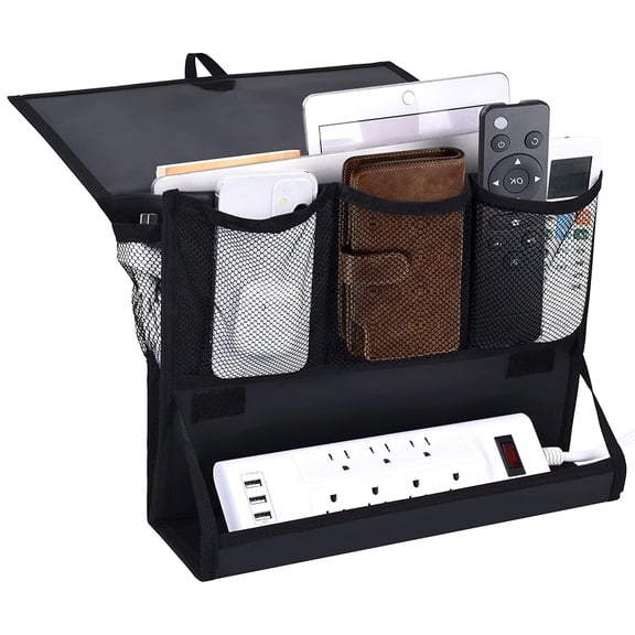Bedside Caddy with Power Strip Holder, Hanging Bedside Organizer, 6 Pockets Bedside Storage Bag, Oxford Fabric Caddy for Home Dorm