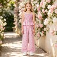 thumbnail image 4 of LIIPEE Girls Summer Outfits 2 Piece Casual Bow Graphic Sleeveless Ruffle Camisole Wide Leg Pants Kids Cute Everyday Outfit Sets,13-14 Years, 4 of 9