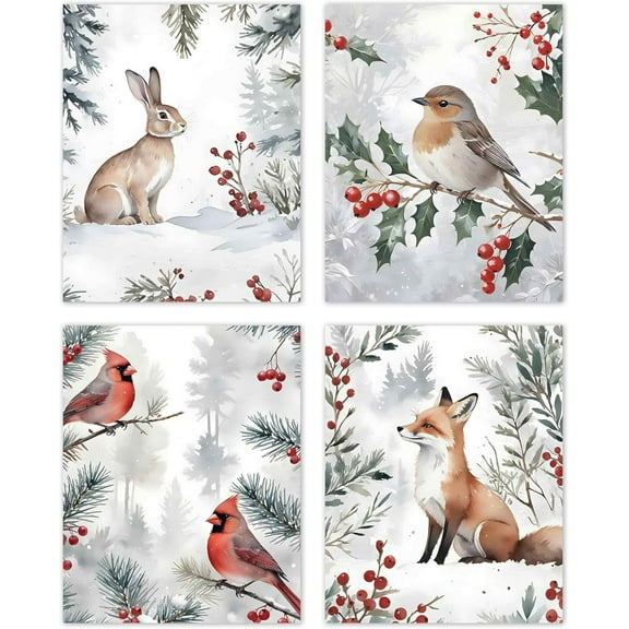 Hieng Vintage Winter Christmas Posters Prints Unframed Set of 4, Rustic Christmas Tree Wall Art Prints Decor for Living Room Bedroom Reading Nook Corner, Santa Claus Books Wall Pictures