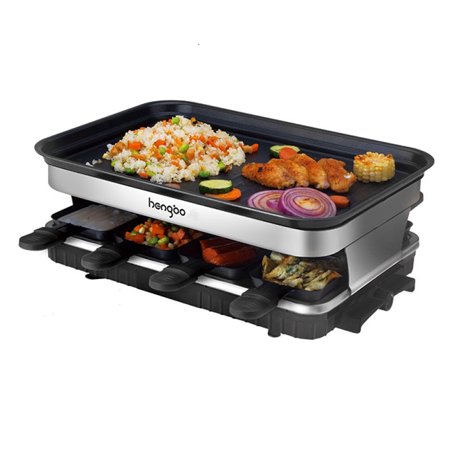Raclette Grill 8 People Grill Plate Non-stick Coated, Raclette with 8 Mini Raclette Pans, Infinitely Adjustable Temperature, 1500W