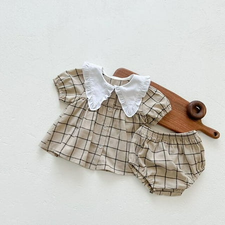 

DancePeanut Baby Girl Summer Clothes Set Ruffles Lapel Buttoned Cute Shirt Top Bread Shorts Outfit Plaid Print Korean Style Children s Suit