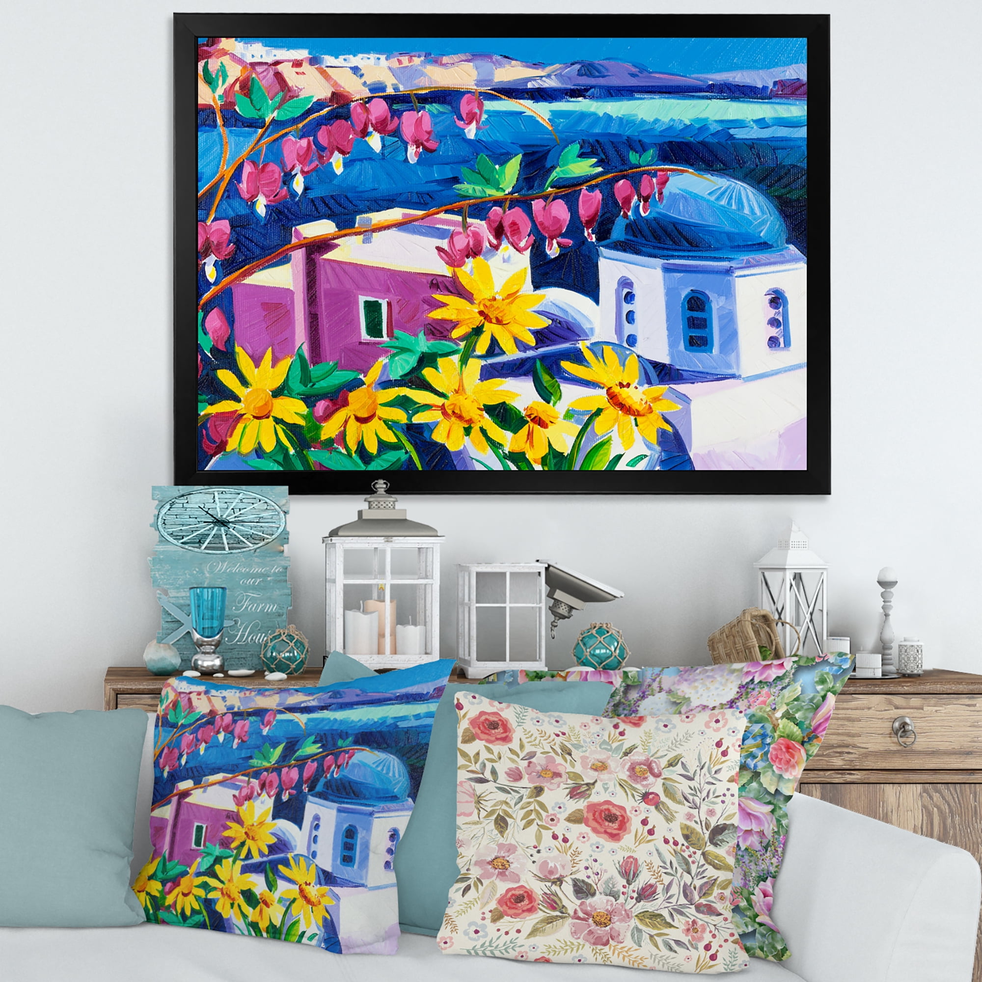 Designart 'Colorful Traditional Santorini Churches Among Flowers' Nautical & Coastal Framed Art Print