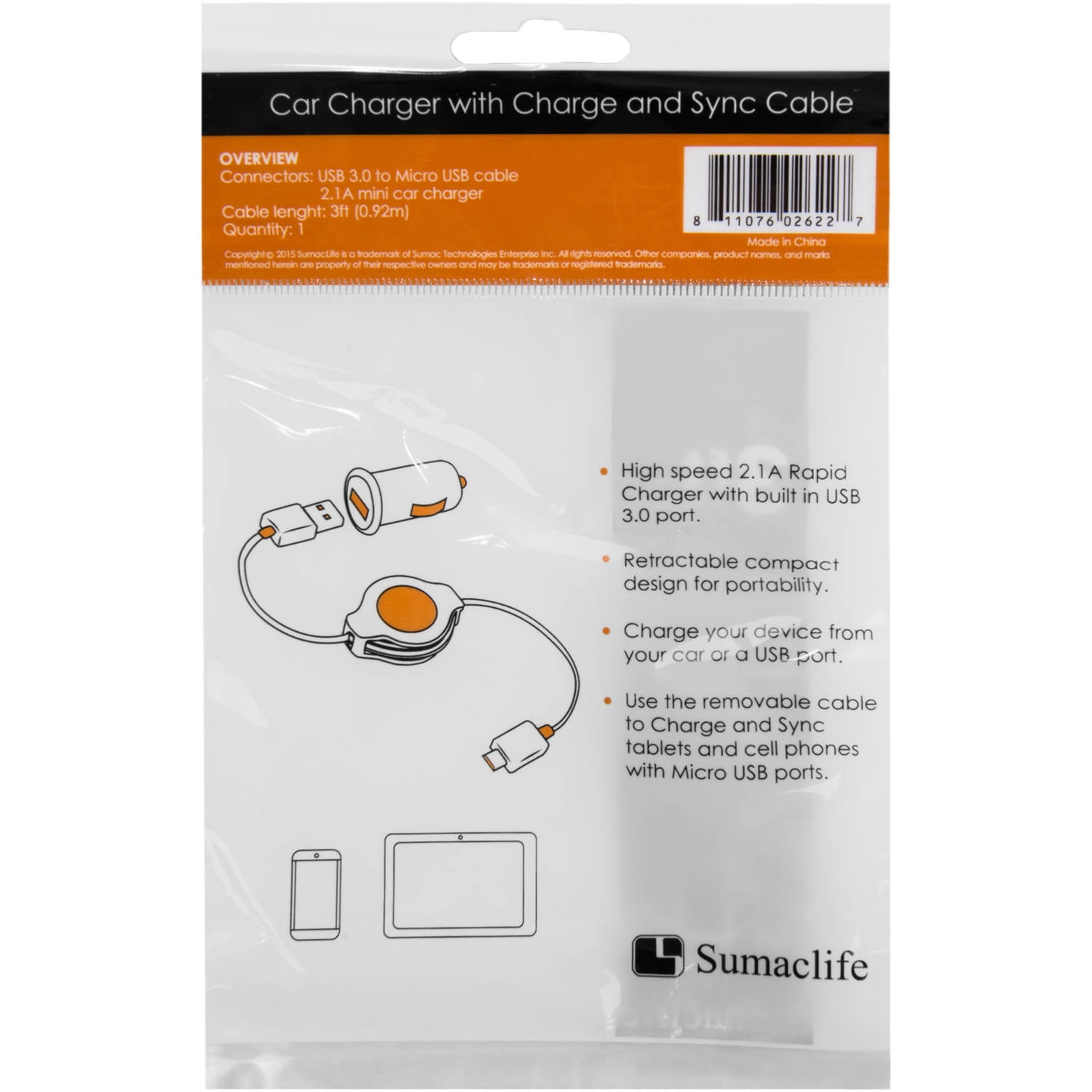 Universal Retractable 2.1A mini USB Car 3 Feet Charger Cable with Micro USB compatible with all Tablet and Android Devices with Micro USB Access