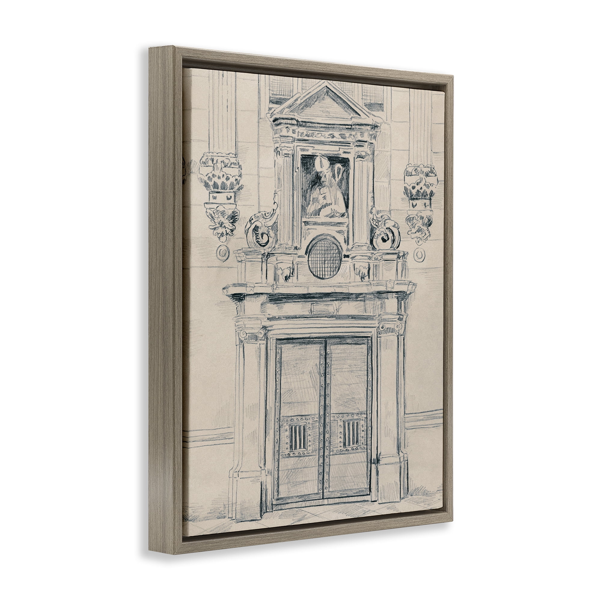 Stupell Industries Detailed Architecture Door Town & City Drawing Brown Floater Framed Art Print Wall Art, 17 x 21
