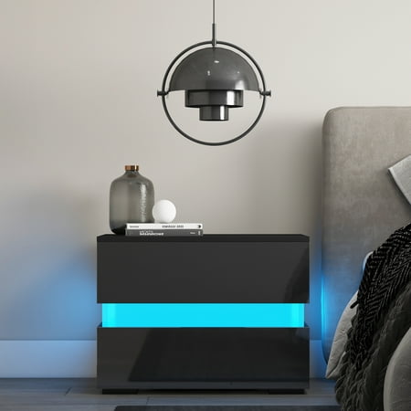 Hommpa Modern High Gloss LED Nightstand Bedside Table with 2 Drawers, 20 LED Light Mode System W/ Remote Black