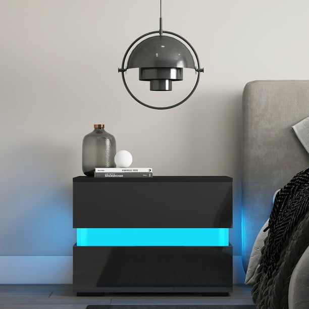 Modern High Gloss LED Nightstand, With 2 Drawers, 20 LED Light Mode