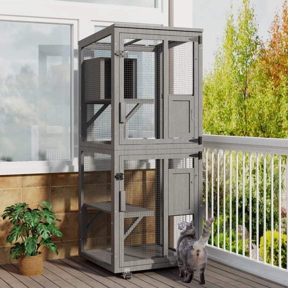 TIMHAKA Outdoor Cat Catio Enclosure, 4 Tiers Indoor Catio w/ Wheels, Resting Box, Waterproof Roof, Gray