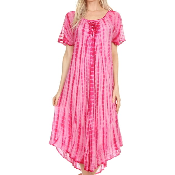 Sakkas Yasmin Tie Dye Embroidered Sheer Cap Sleeve Sundress | Cover Up - Fucshia - One Size Regular