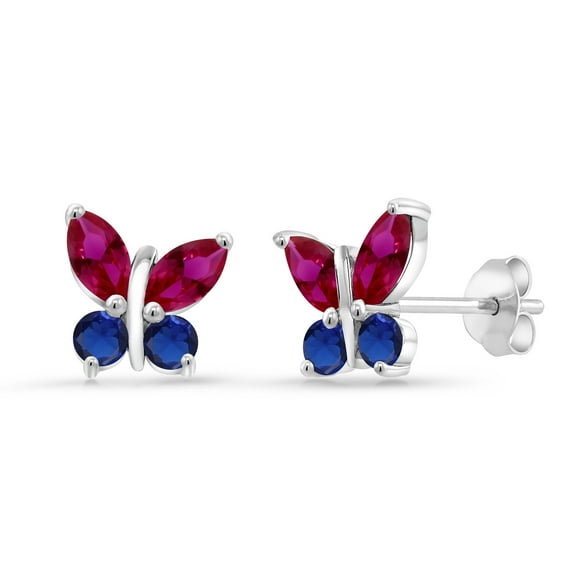 Gem Stone King 925 Silver Marquise Red Created Ruby and Blue Created Sapphire Butterfly Earrings for Women (3.28 Cttw, Gemstone July Birthstone, Center Stone: 6X3MM, Small Stones: 3MM)