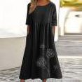 thumbnail image 1 of Robes d'Été Robe womens Printemps et Été Col Rond Impression Coton et Lin Casual Robe à Manches Courtes Noir S, 1 of 6