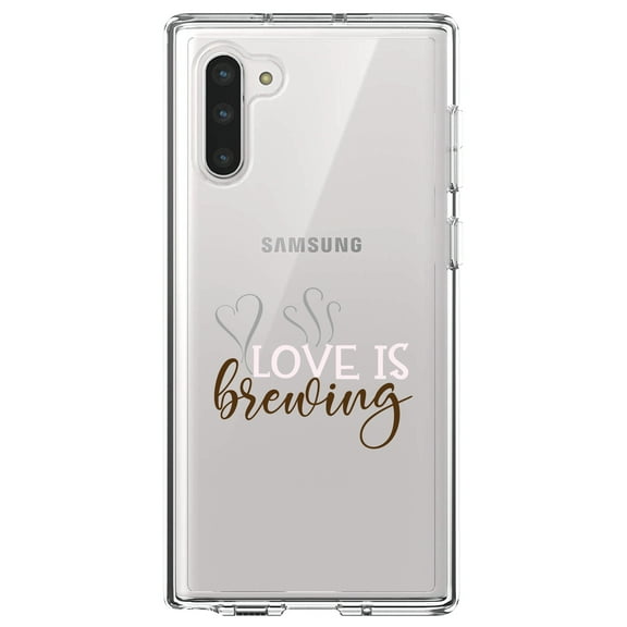DistinctInk Clear Shockproof Hybrid Case for Samsung Galaxy Note 10 (6.3" Screen) - TPU Bumper Acrylic Back Tempered Glass Screen Protector - Love is Brewing - Coffee