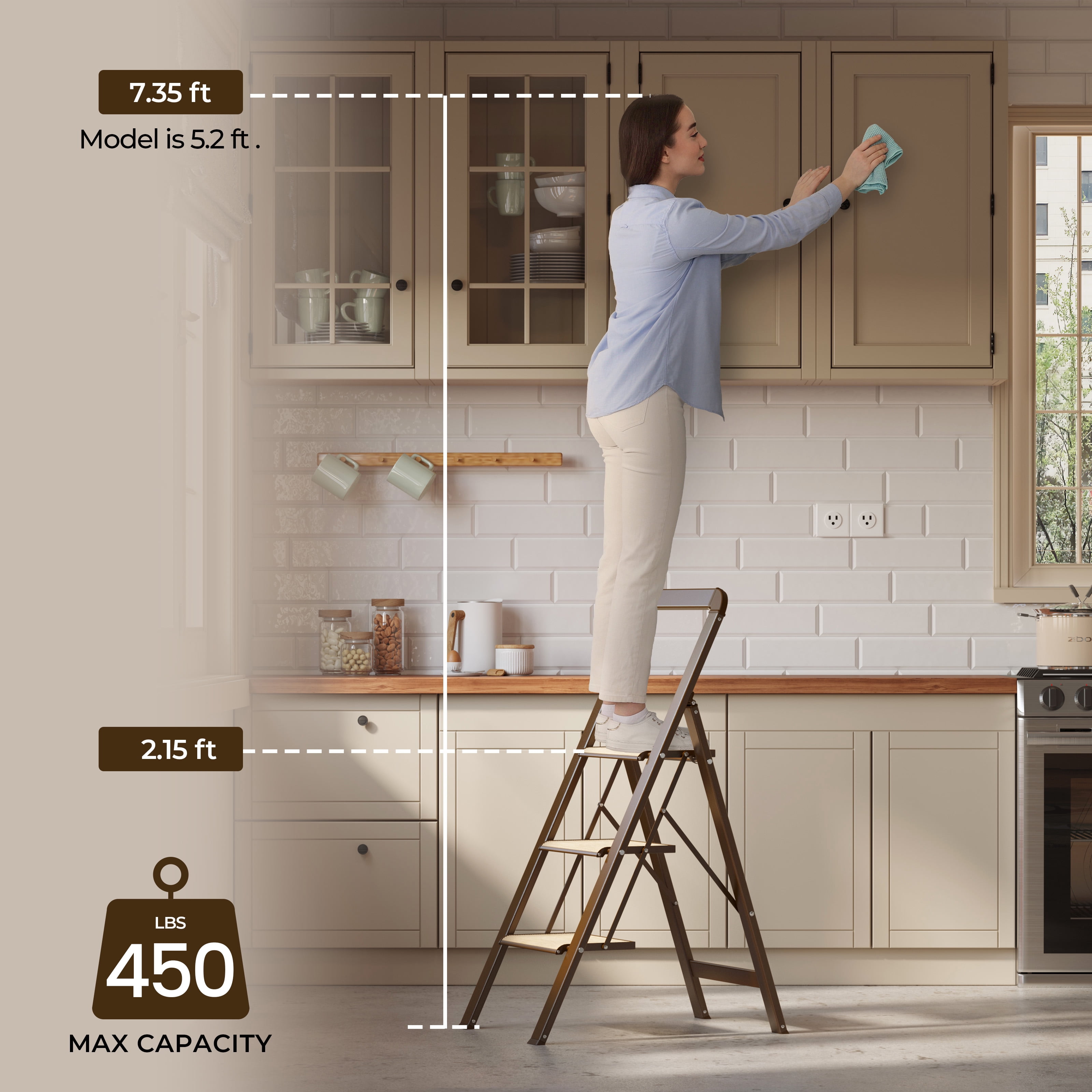 3 Step Folding Ladder 450 lbs Capacity Aluminum Alloy with Handrails Non-Slip for Home Kitchen Garage